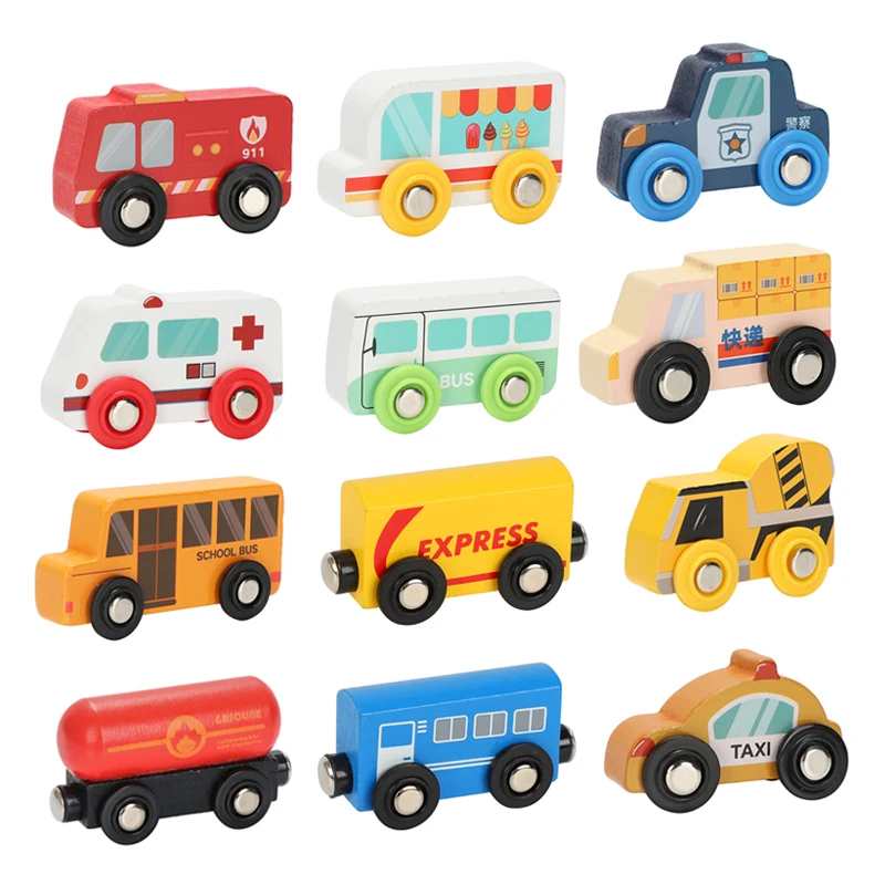 Wood Rail Train Fire Engine Ambulance Aircraft Magnetic Toy Track Simulation Inertial Scooter Children\'s Educational Toys W09