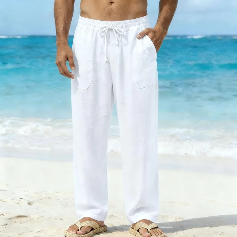 

Men's Linen Textured Beach Pants Loose Fit Drawstring Casual Trousers with Side Pockets