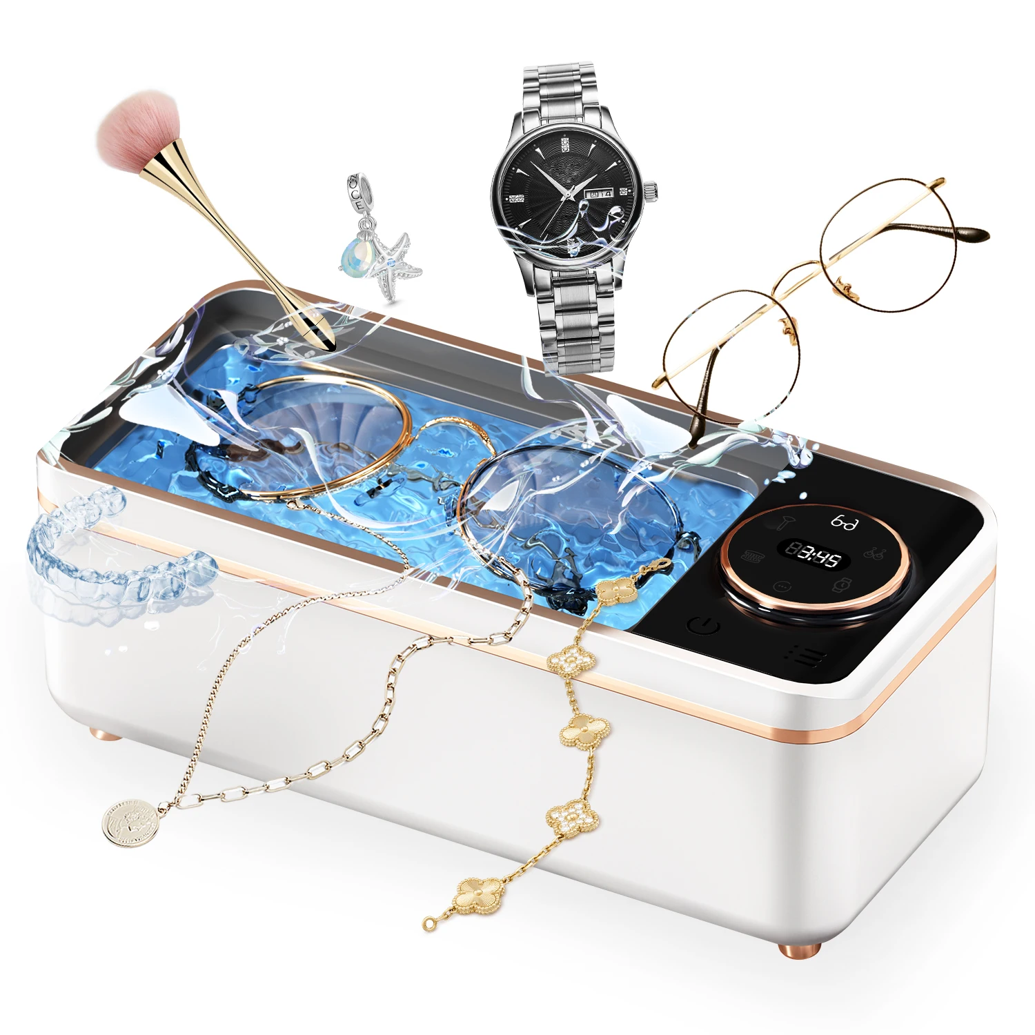 Ultrasonic 55KHZ Portable Eyeglass Cleaner 360° Deep Cleaning with 6 Modes Digital Timer Multi-Function for Home Use