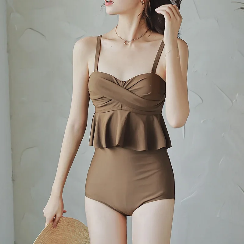 ハイウエスト保守的なビキニセット女性のセクシーな水着カバーアップ痩身胸ギャザー韓国インスタイル女性水着