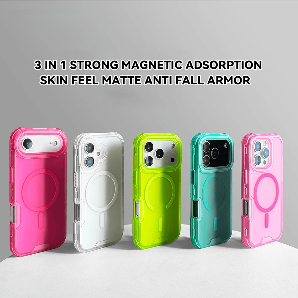 Magnetic 3 in 1 Neon Color Heavy Duty For Magsafe Armor Case For iPhone 16 15 Plus 14 13 12 17 Pro Max Shockproof Bumper Cover
