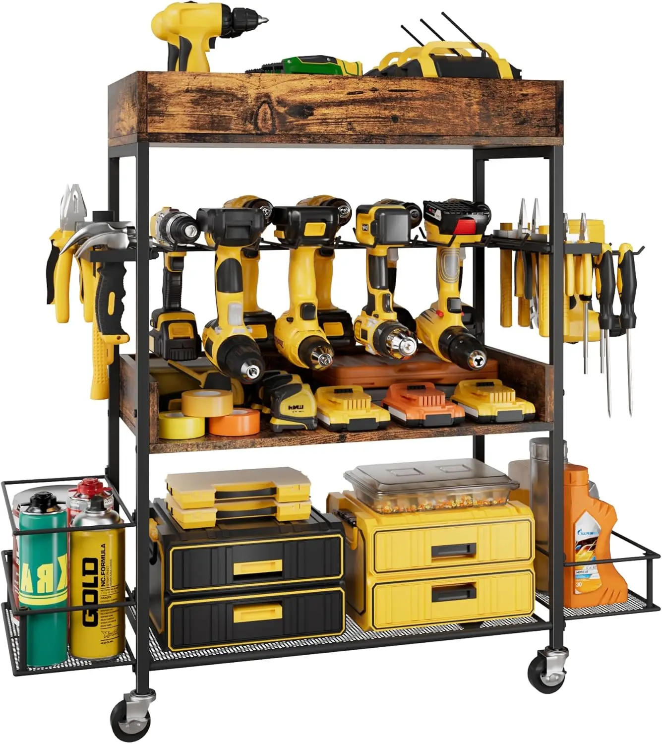 

4 Tier Rolling Tool Cart for Garage, Power Tool Organizer with Drill Rack, Hooks & Shelves – Garage Storage Organizer f