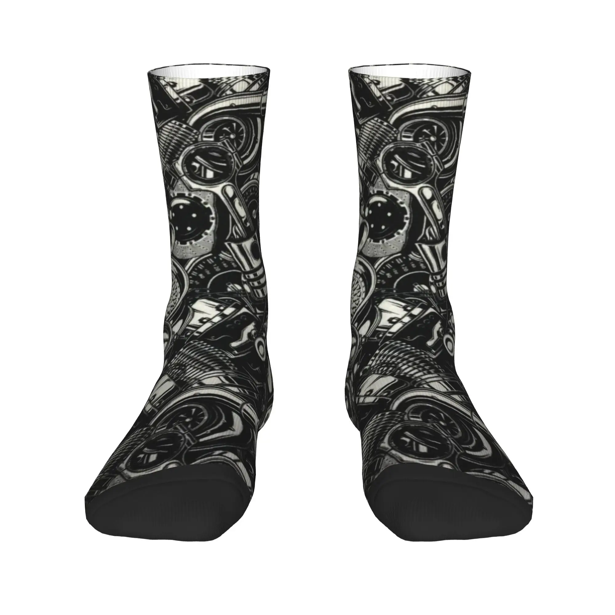 Black and White Mechanical Skull Collage Socks  Trendy Stockings Winter Non-Slip Men Socks Comfortable Graphic Running Socks