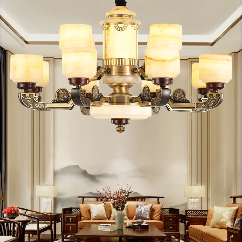 

New Chinese Natural Jade Living Room Chandelier All Copper Duplex Building Chandelier Modern Simple Restaurant Lamps Bedroom