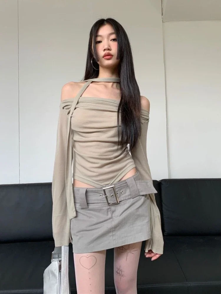 Y2k Aesthetic Fashion Sexy Long Sleeve T-shirt Off Shoulder Elegant Style Slash Neck Pleated Solid Shirt  Streetwear Tops