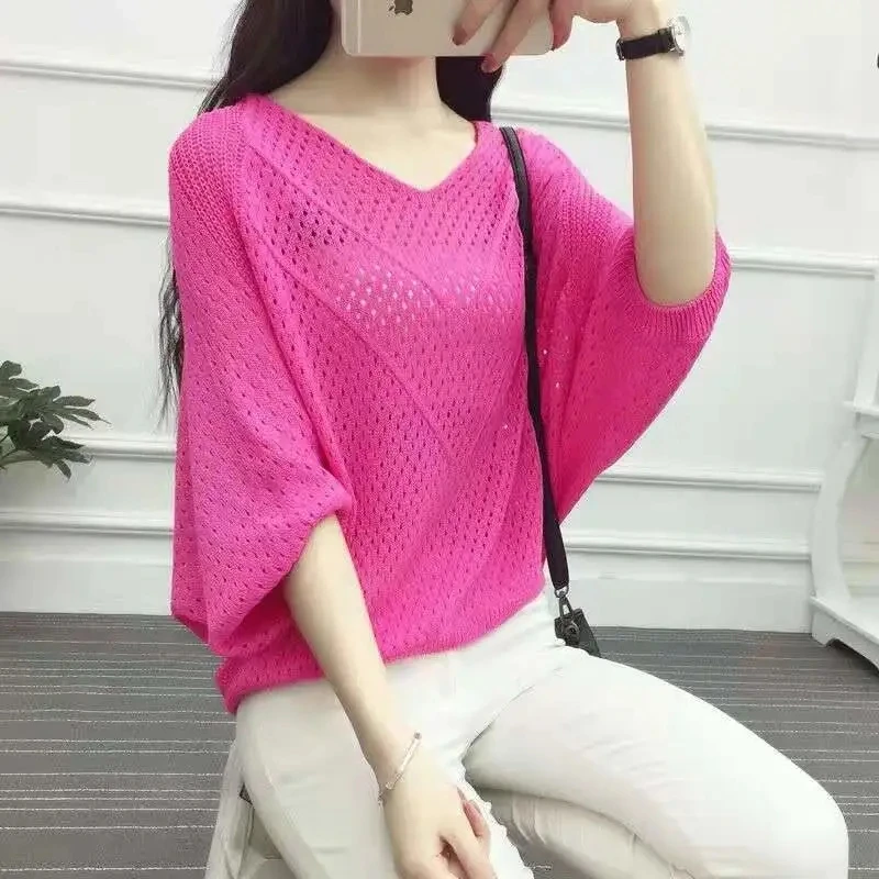 Sexy Women Knitted Pullover Mesh Hollow Top Female Spring Fashion Bat Sleeve Lady Thin Clothes Tide Korean Style  Jumper V-Neck