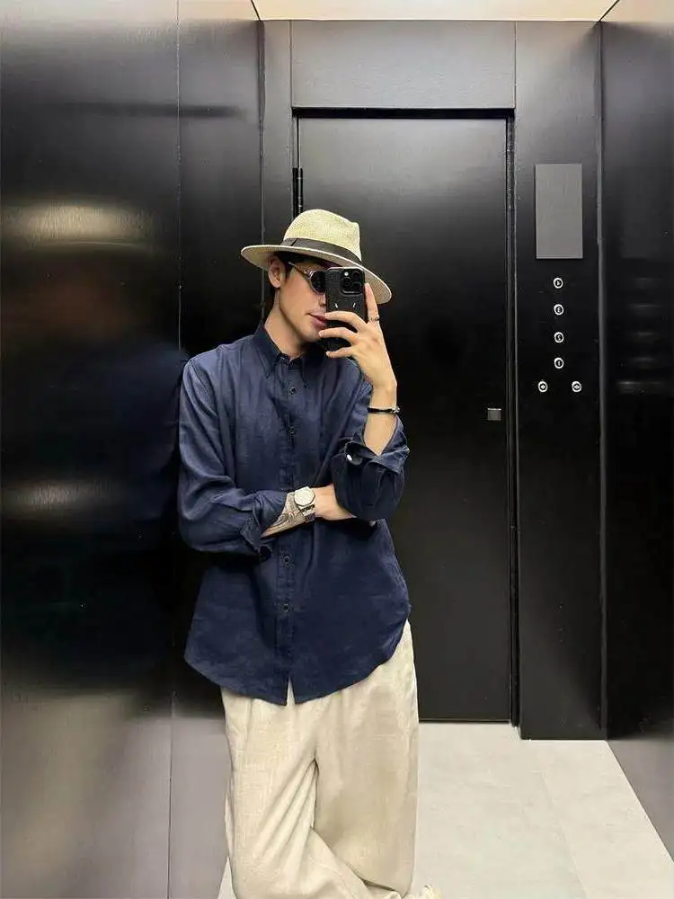 

Men's Cotton Linen Shirt Breathable Thin Long Sleeve Small Collar Summer High End Feeling Citywalk Neck Inner Wear 3D Ef...