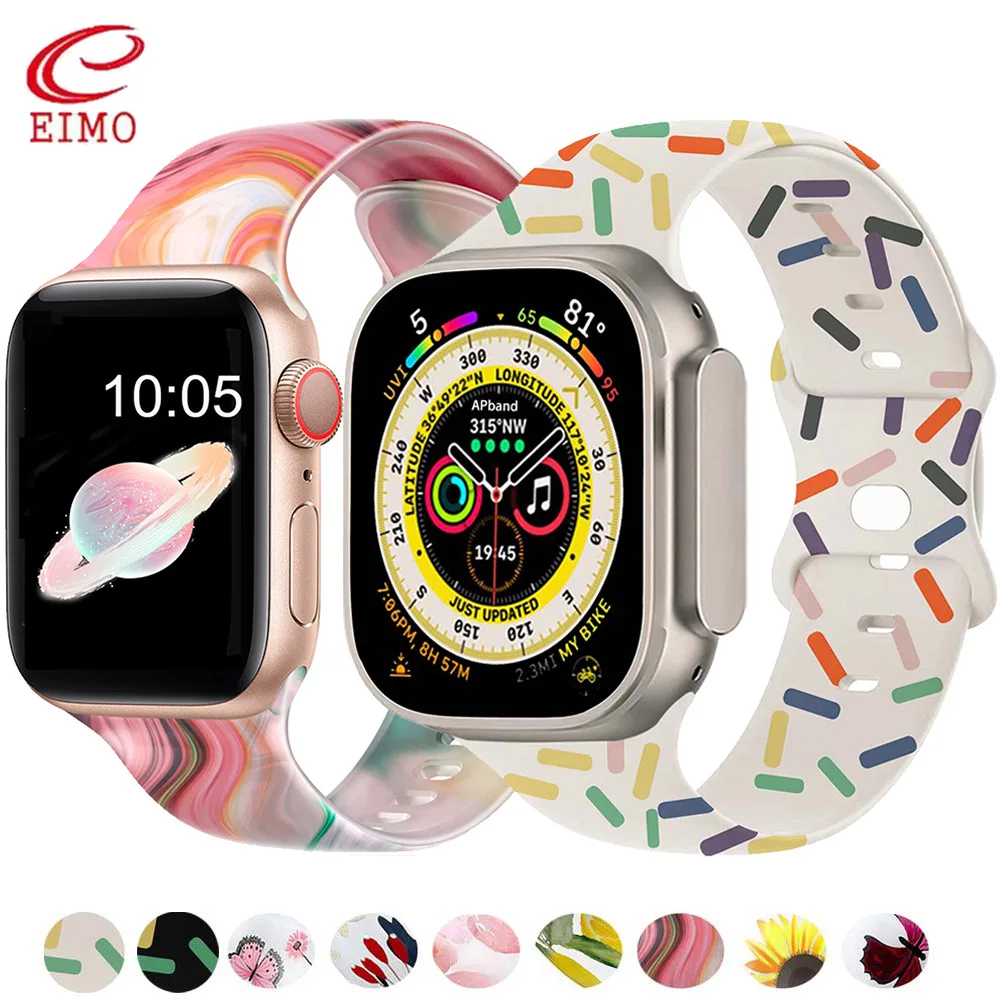 Printed Silicone Strap for Apple Watch Band 44mm 45mm 42mm 49mm 41mm 38mm Correa Women bracelet iWatch series 8 6 5 3 se 7 ultra