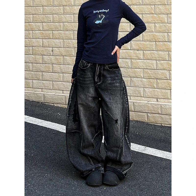 ZHIZOU Damen Tomboy Dark Academia Baggy Low Rise Mom Jean Japanische Y2K Harajuku Denim Hose mit weitem Bein 2000er Cyber Punk Grunge