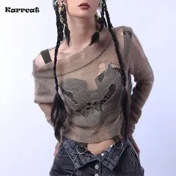 Karrcat Grunge Aesthetics Distressed Pullover Cyber Y2k Knitted Jumpers Wasteland Punk Style Hollow Out Sweater Hole Broken Goth