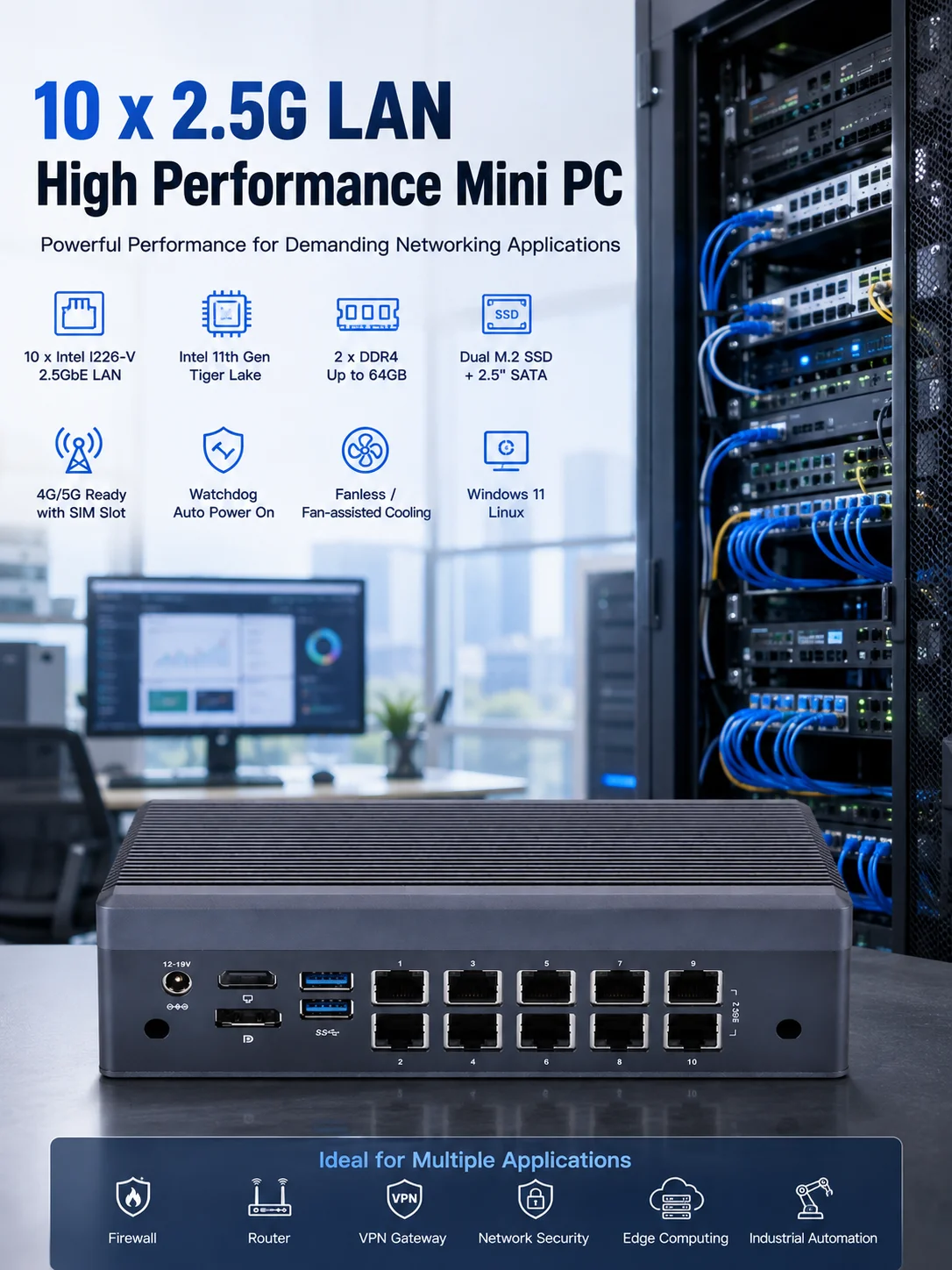 Qotom 10x 2.5G LAN Fanless Mini PC Q31100GT I226-V 6305 i5-1135G7 i7-1185G7 i5-11300H Firewall Router Network Appliance