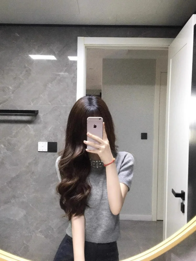 Sweet Miu Belted Diamond Grey Short Sleeve Women's Summer Loose Knitted Sweater Versatile Short Style Small Top