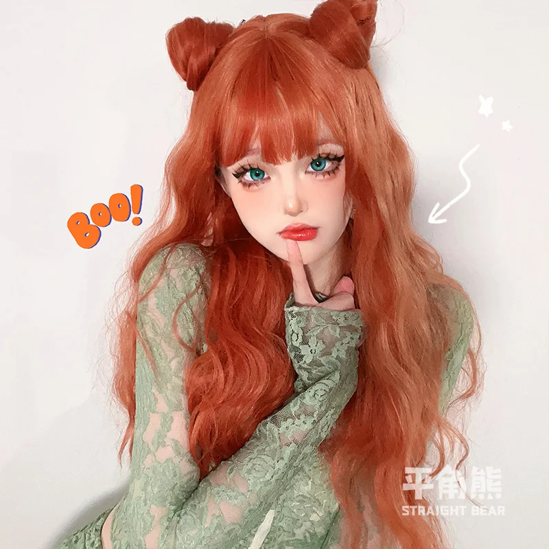 Orange Color Wig Women's Long Curly Hair Full Head Cover Net Red Wool Curly Long Hair Pretty Red Citrus Daily Wig For Cosplay