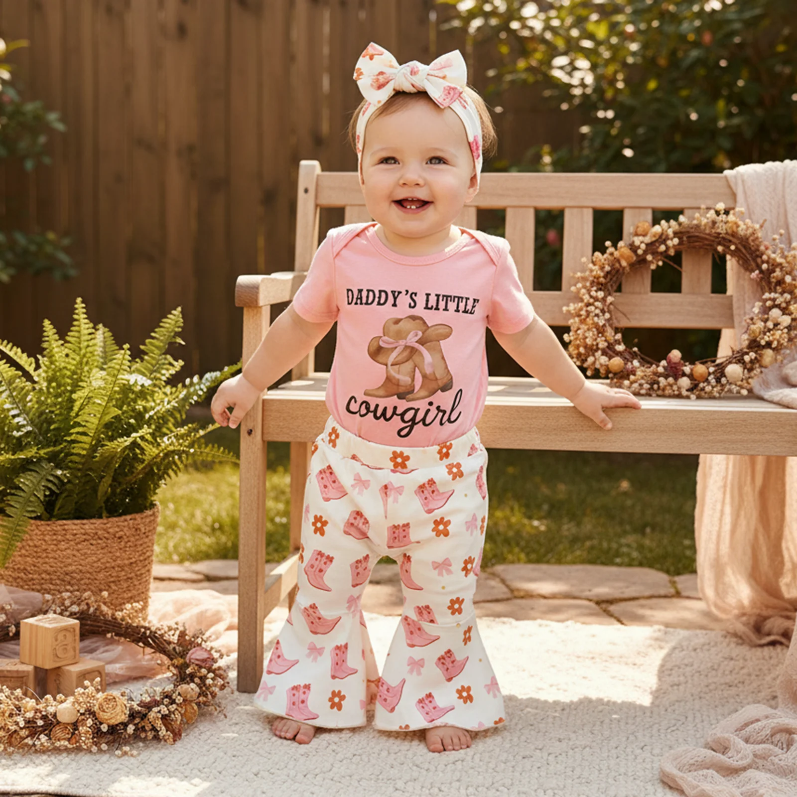 Summer Infant Baby Girl Western Outfit Letter Print Short Sleeve Romper Flare Pants Headband Clothes Set