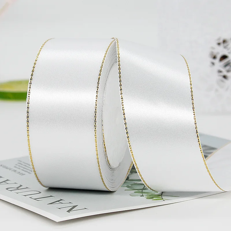 100Yds Golden Edge Satin Ribbon for Crafts Bow Handmade Gift Wrap Party Christmas Wedding Decorative Artificial Accessories 4cm