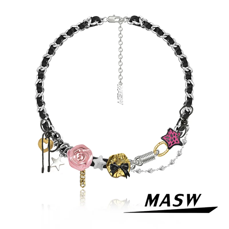 MASW Original Design Modern Jewelry Colorful Pendant Black PU Chain Necklace For Women Female Birthday Party Gift 2023 New