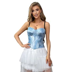 Sky Blue Overbust Corset Lingerie Bra Bustier Crop Top Straps Vest Casual Camisole