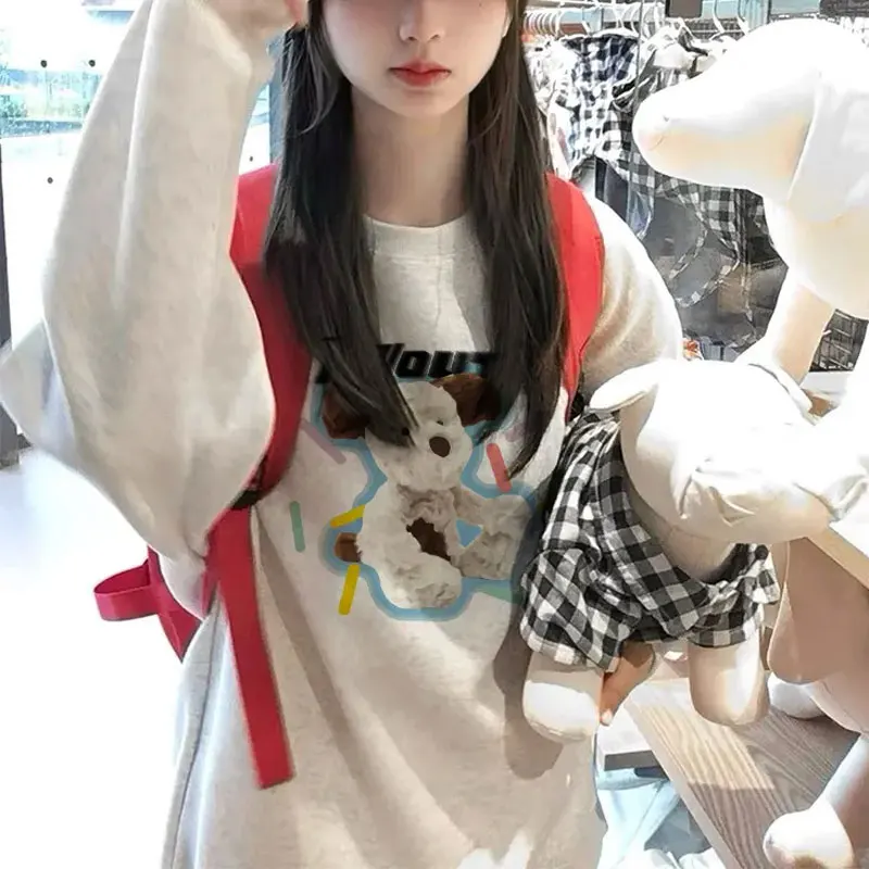 

Stylish Korean Printed O-Neck Hoodies Female Clothing Vintage Basic Loose Autumn Winter Fleece Casual Long Sleeve Sweatshirts