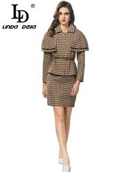 LD LINDA DELLA Autumn and Winter Women's Turn-Down Collar Long-sleeve With Belt Tops+Slim-Fit Hip Wrap Skirt 2 piece set