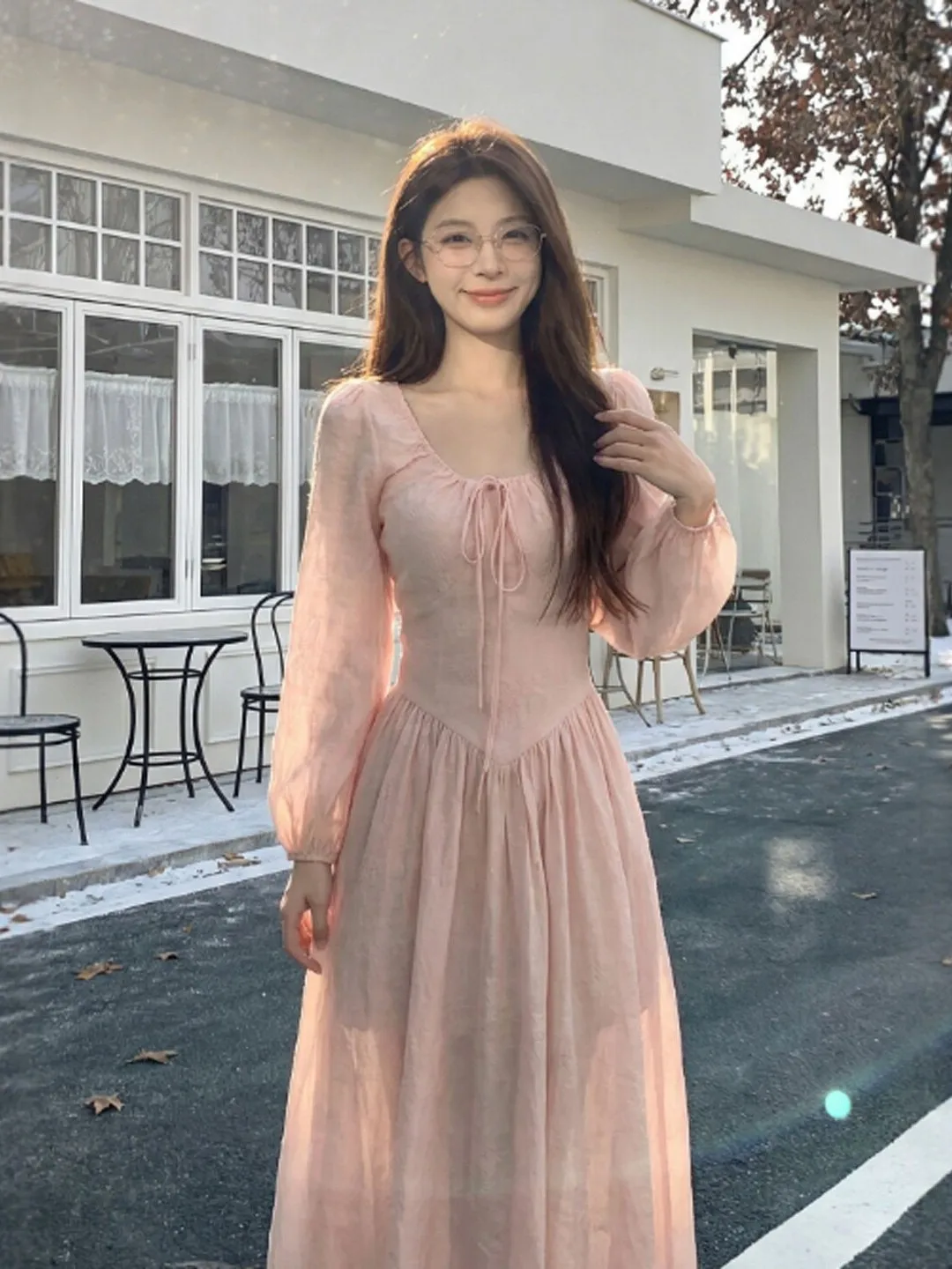 

Spring Atmosphere Sensation Slimming Gentle Style Unique Long Dress High Waist Cotton French Style Pure Color A-Line Dress