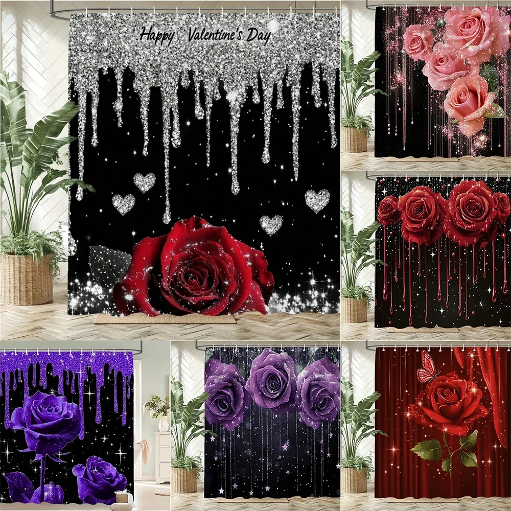 Valentine Rose Glitter Drip Shower Curtain Red Purple Pink Rose Heart Sparkling Glitter Black Background Romantic Print Waterpro