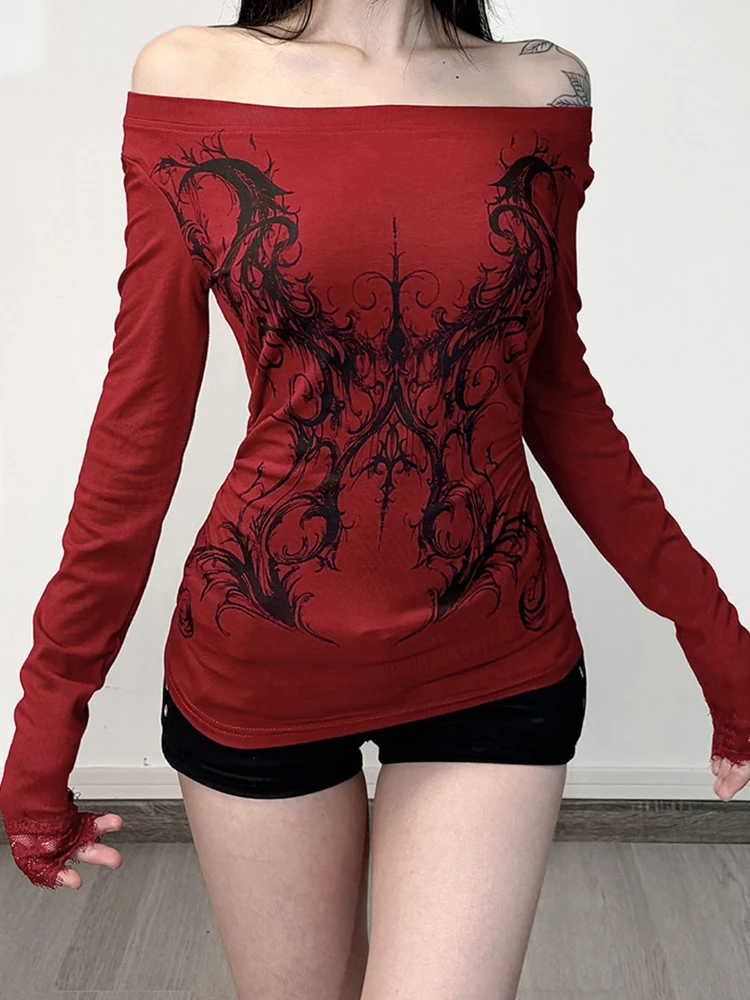 Gothic Sexy Style Off Shoulder Tops Women Long Sleeve Vintage Y2k Hot Chick Red T-shirt Streetwear Harajuku Punk Clothing New