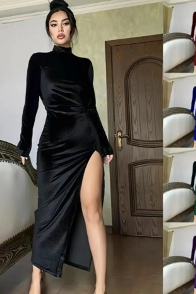 فستان نسائي طويل من المخمل بياقة عالية وقصة ضيقة مع تنورة مطوية غير متماثلة وشق، أنيق وعصري لفصلي الربيع والخريف