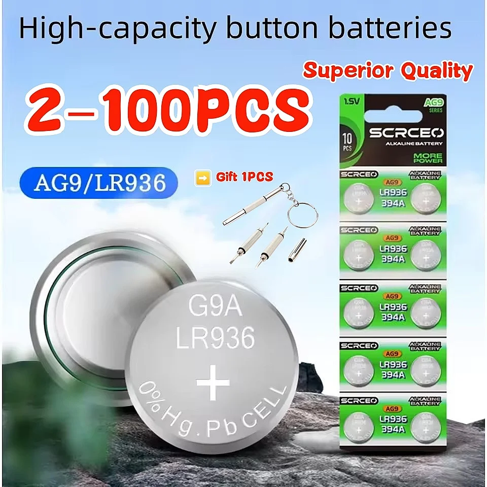 2-100 Baterías de Botón de 1.55V AG9 50mAh LR936 394 SR936SW 194 394A SR936 L936F CX194 LR45 G9A para Relojes, Juguetes y Controles Remotos