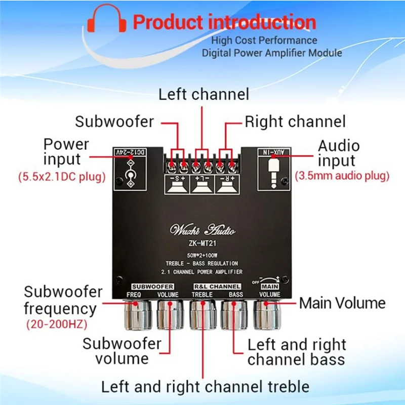 Solide ZK-MT21 2X50w + 100W 2.1 canaux caisson de basses carte amplificateur de puissance numérique AUX stéréo Bluetooth 5.0 ampli de basse APP contrôle facile
