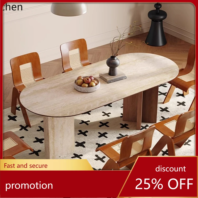 

HXL Retro small apartment living room oval rock slab dining table and chairs medieval black walnut dining table