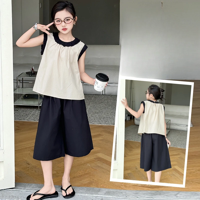 

Girls Suits Summer French Color Matching Vest Set 2024 New Style Summer Dress Children Temperament Girls Two-piece Set