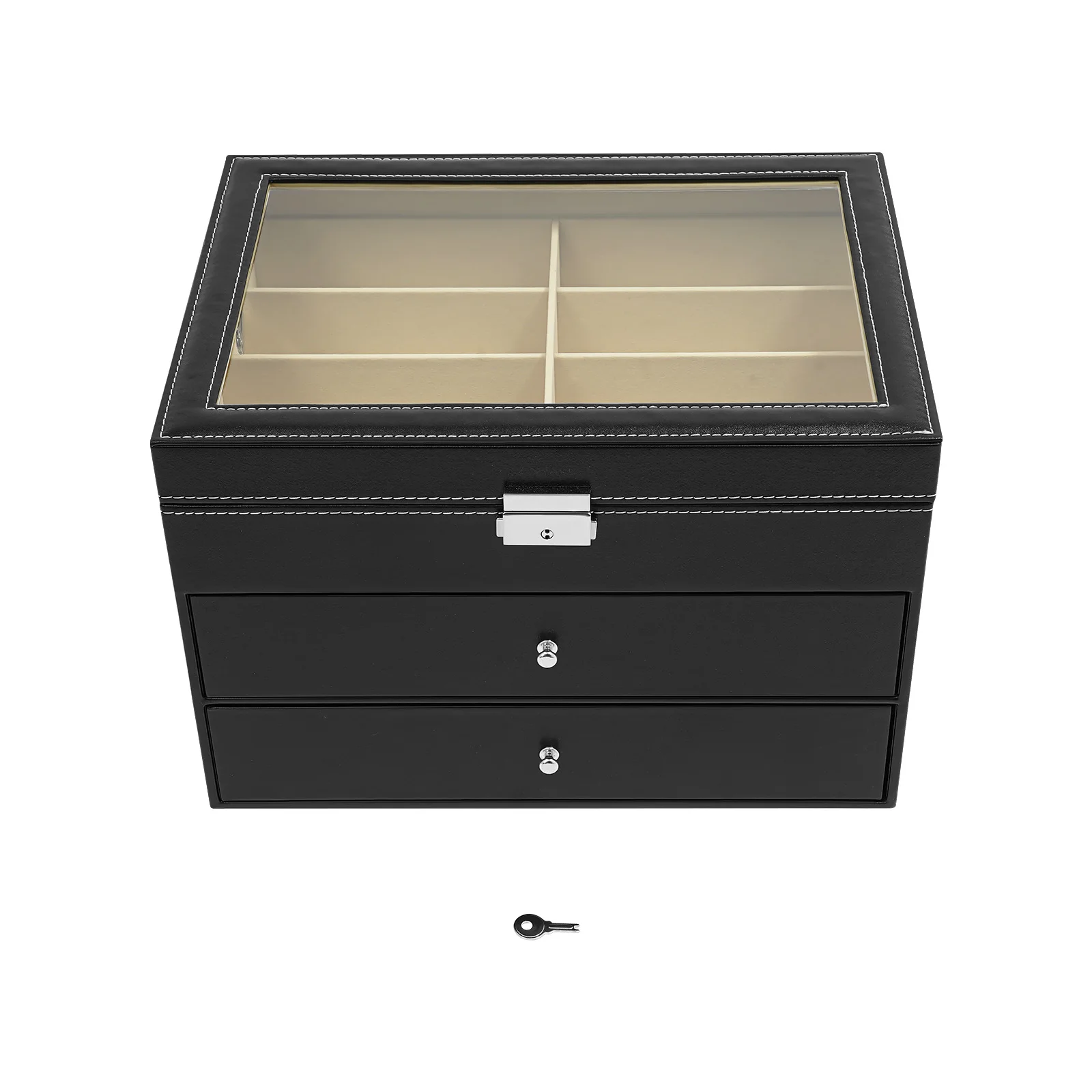 Image of 3-stöckige, abschließbare Brillen-Vitrine mit 24 Fächern, 16 x 6 x 6,3 cm / 6,3 x 2,36 x 2,48 Zoll Fächer für Optiker, Sonnenbrillen-Organizer, mit Glasdeckel, zwei Schubladen und Schlüssel,