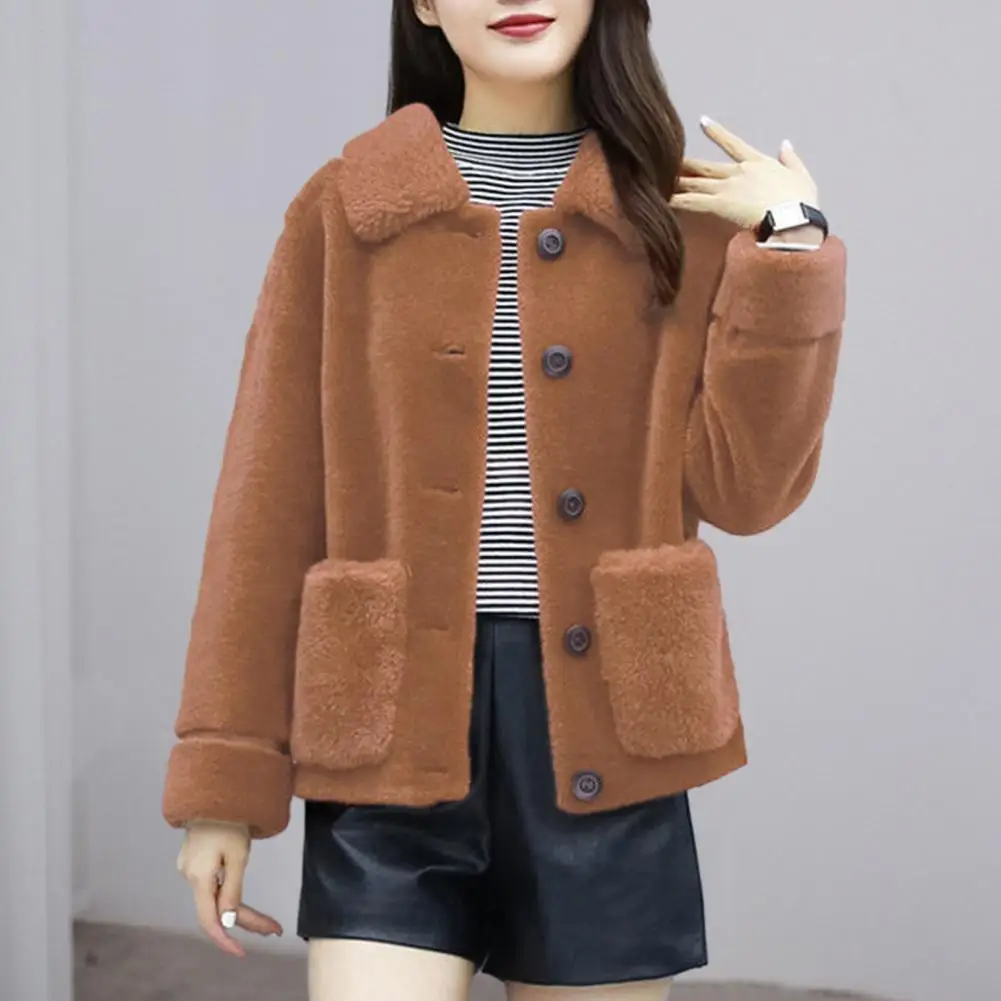 Feminine Women Jacket Plush Solid Color Women's Coat with Turn-down Collar Pockets Soft Cozy Single-breasted Cardigan for Fall