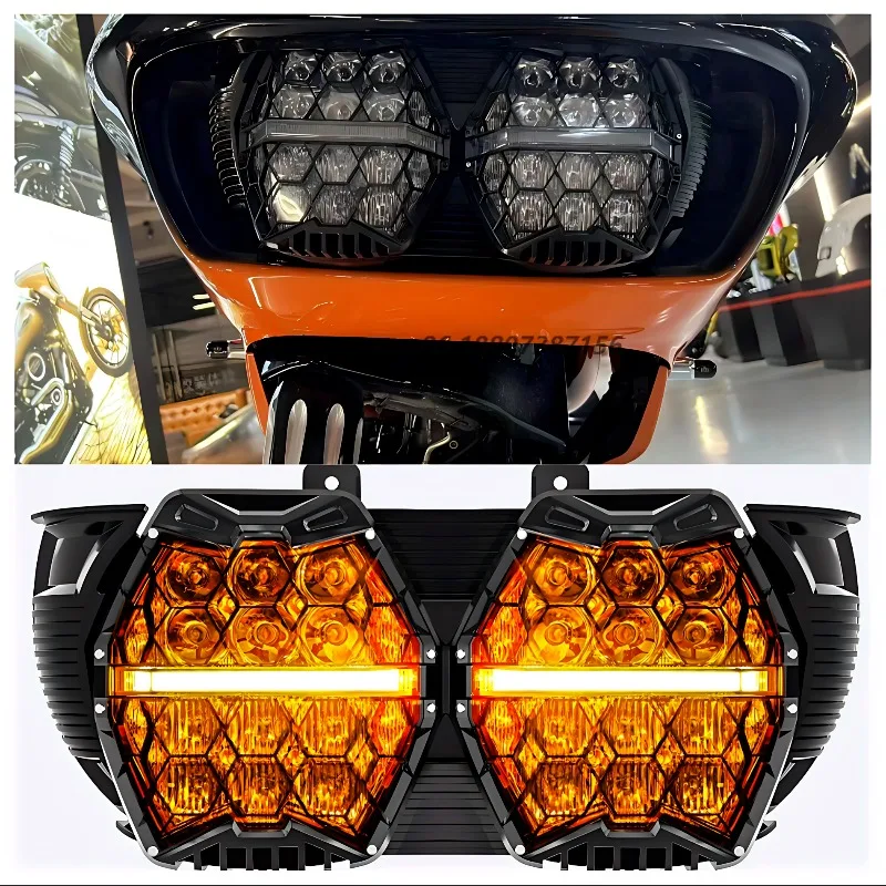 Davidson LED Front Headlights with Honeycomb Design 12 Lenses for Road Glide Motorcycle Modification