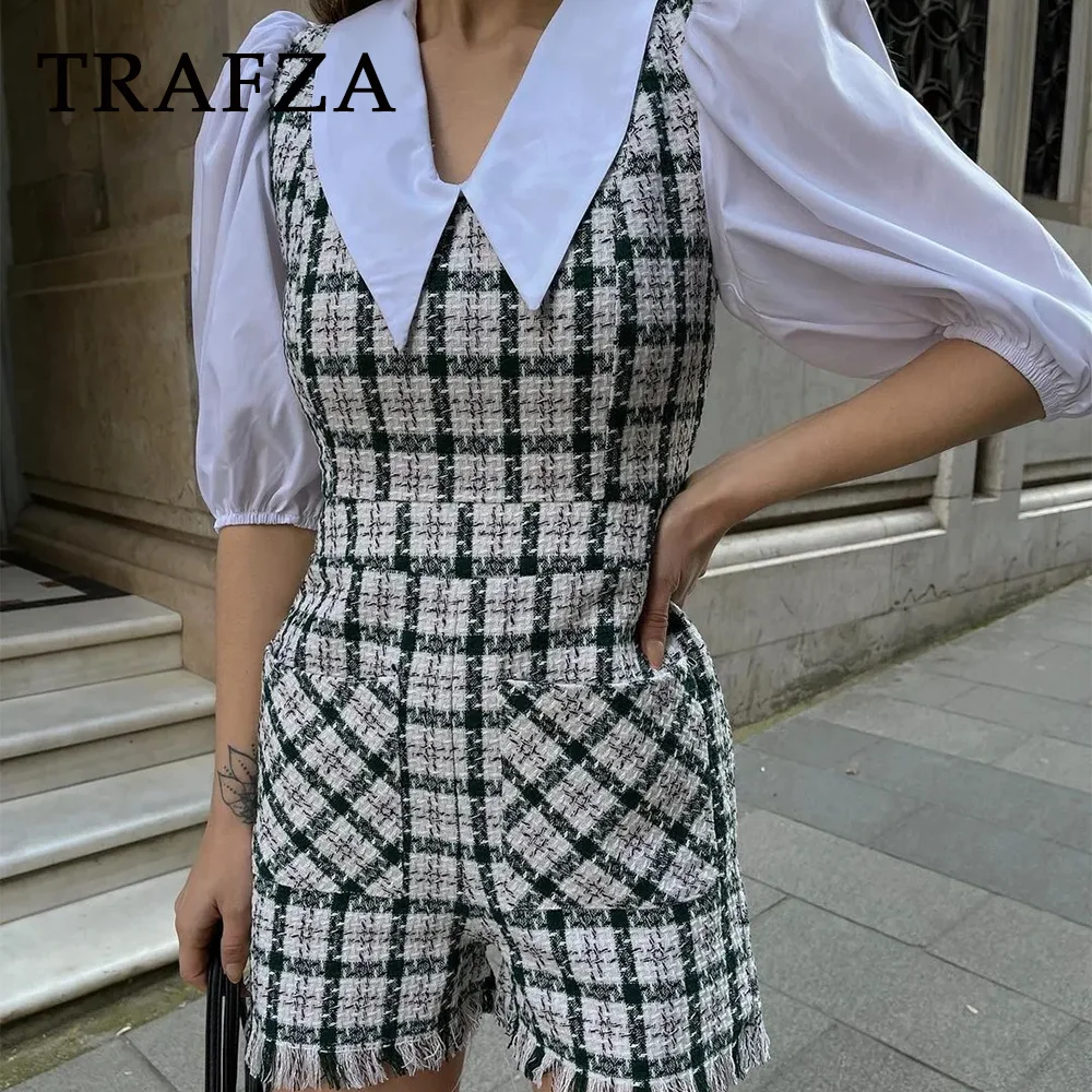 TRAFZA 2024 wiosenne letnie damskie dorywczo modne modne w stylu Vintage w kratę z wysoką talią szczupły Streetwear damskie kombinezony