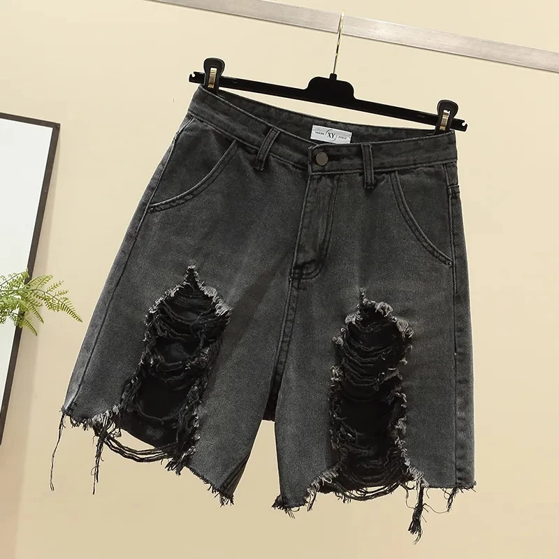 Oversized 5xl Distressed Raw edge Denim Shorts For Women's Summer Slim Thin Hot Pants Ladies Washed Vintage Loose Casual Jeans