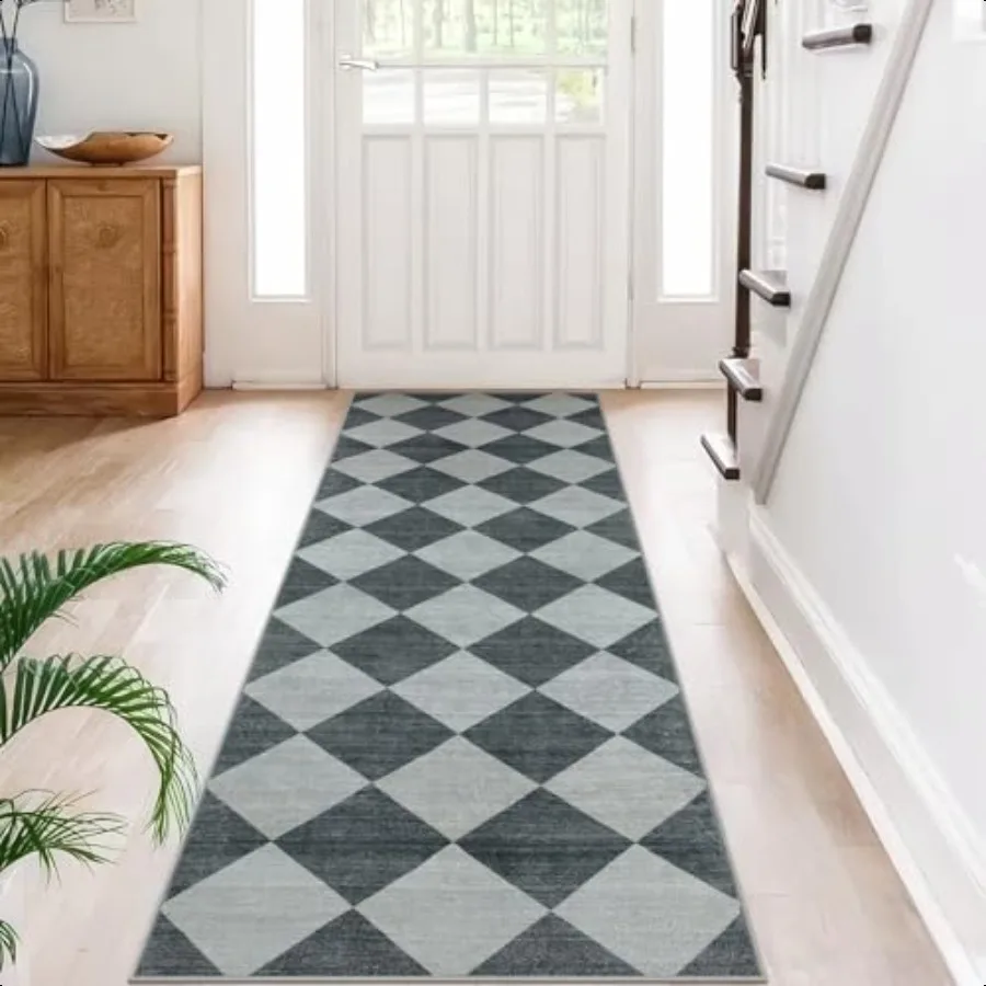 

Checkered Print Hallway Runner Rug 2.5x8 Ultra Thin Kitchen Runner Rugs Non Skid Washable 8ft Moroccan Plaid Design Floor Carpe