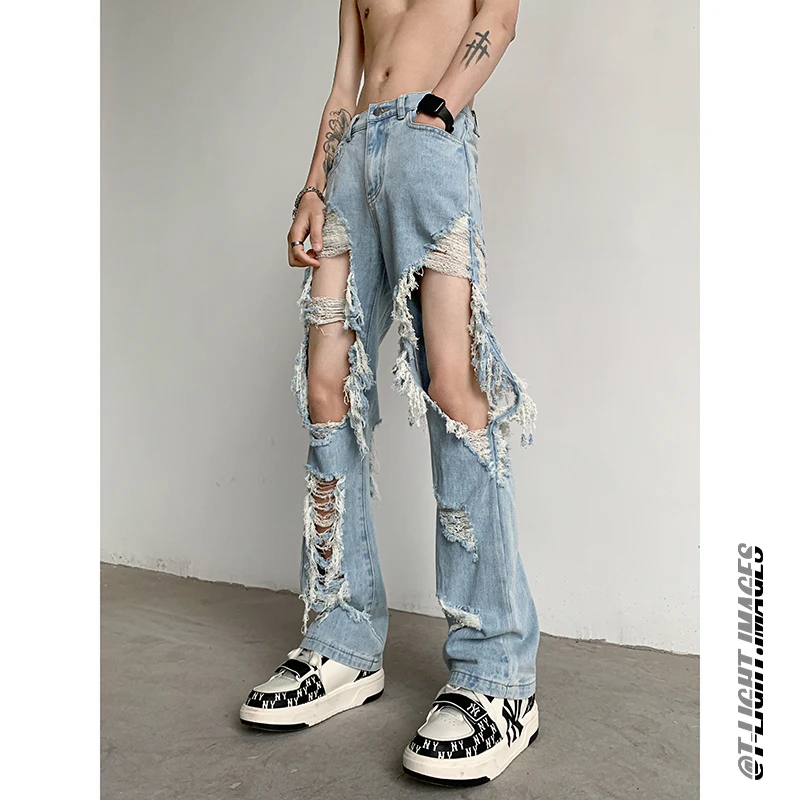 

Boy Friend Style Big Broken Hole Ripped Jeans American Korean Fashion Streetwear Beggar Dilapidated Cowboy Slim Fit Raw Hem Jean