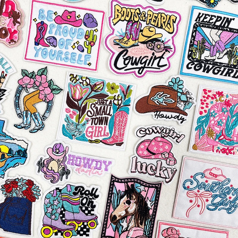 Cowgirl Boots Hat Embroidered Patch Western Cowboy Iron On Patches For Clothing Thermoadhesive Patches DIY Sewing