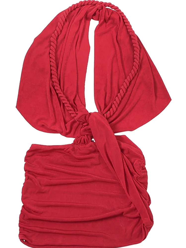 Kricesseen sexy ​ Dames effen wikkelontwerp met ruches en gedraaidetail Jurk Dames Halter Backless Cocktail Party Clubwear Bodycon