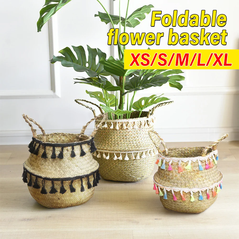 Faltbare handgemachte Gras gewebte Blumen korb Weide Aufbewahrung skorb Boho Rattan Hänge korb Haushalt Spielzeug Wäsche behälter