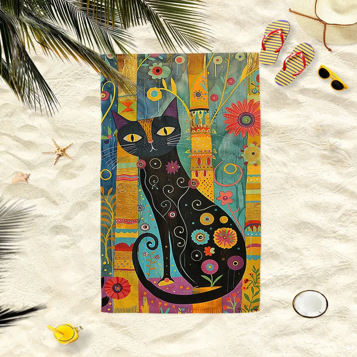 1PC Colorful Hand-painted Illustration with Cat Pattern Beach Towel, Soft and Absorbent, Beach Accessories, Suitable for Outdoor