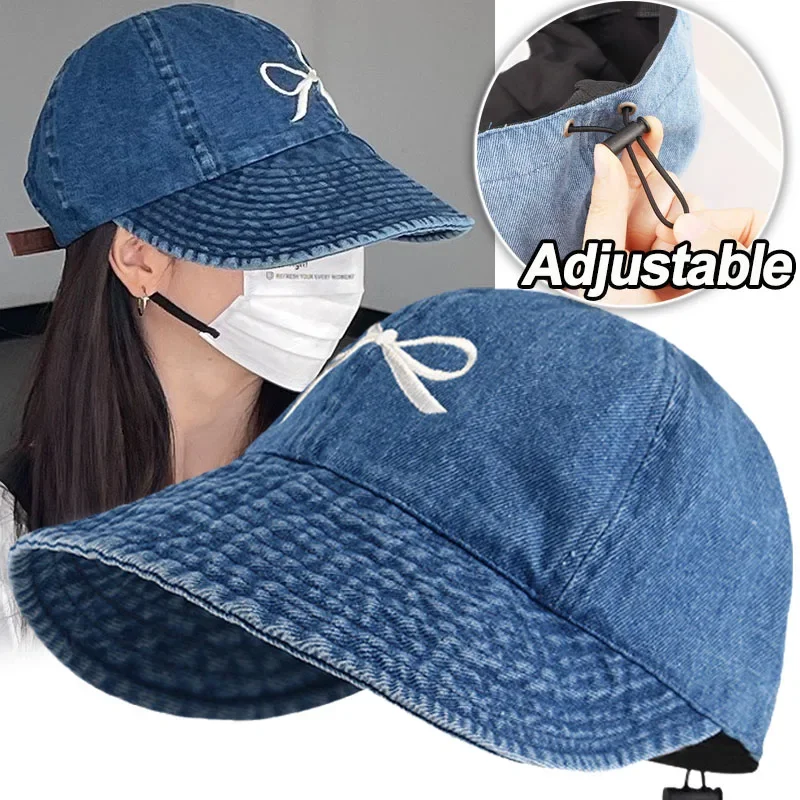 Adjustable Retro Bow Embroidery Sun Hat Fashion Cowboy Fisherman Spring Summer Wide Brim Hat Baseball Cap Washed Duck Tongue Cap