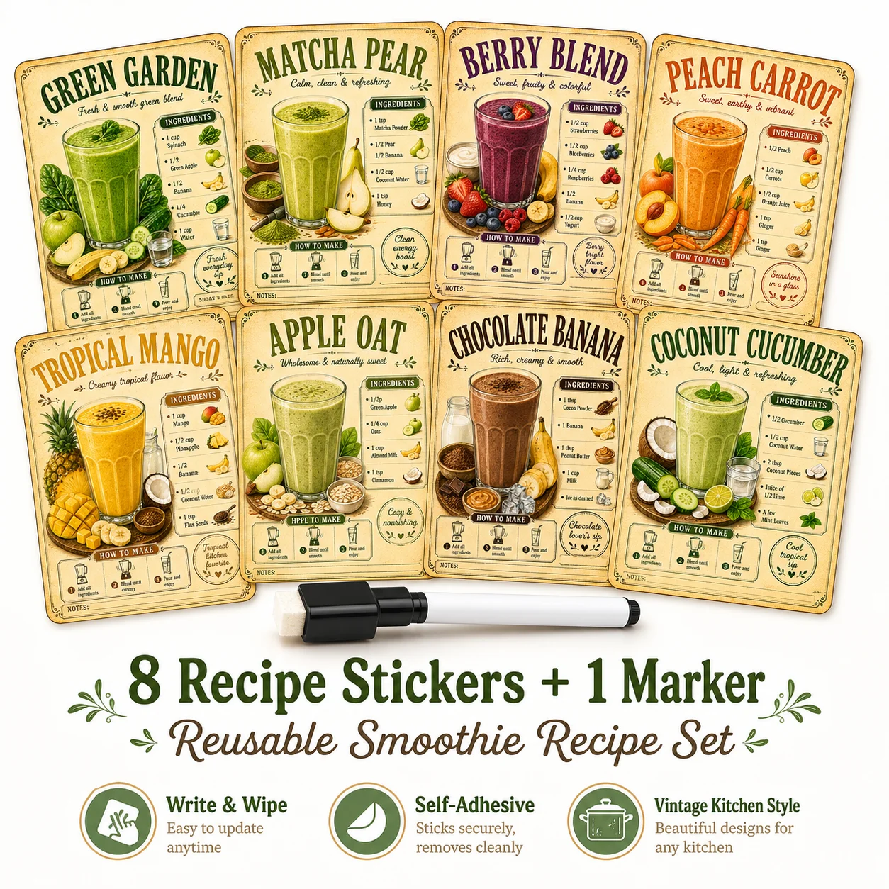 8-Pack kitchen notepad stickers, including 1 dry-erase pen; self-adhesive, write-on and wipe-off retro kitchen notepad stickers,
