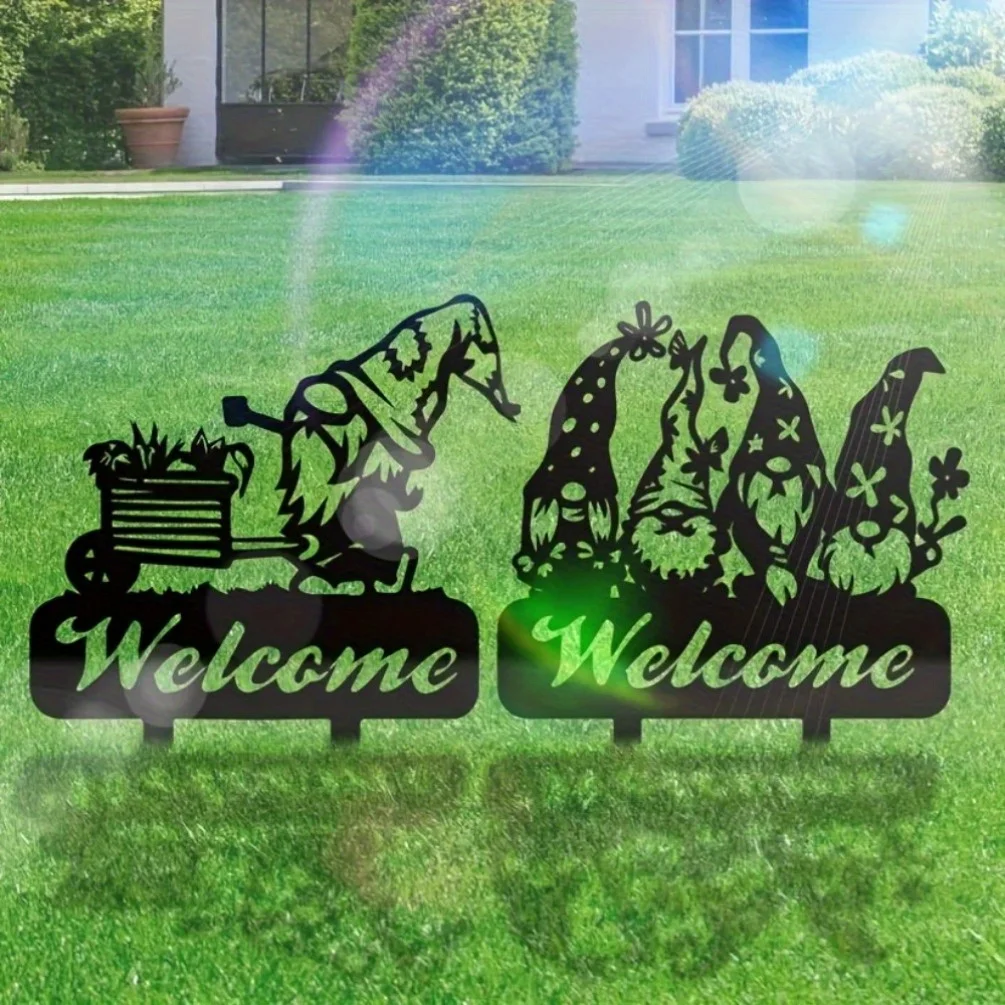 Gnome Greeting Sign Metal Wall Art Iron Lawn Garden Stake Hanging Mural Whimsical Outdoor Decor Gift