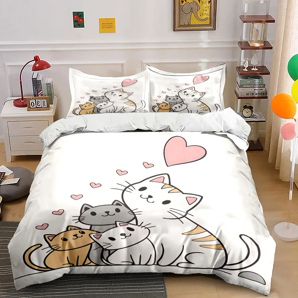 Cozy cat family with hearts Printed Duvet Cover Set 1 Duvet Cover+2 Pillowcase Multi Size Bedroom Bedding Decoration