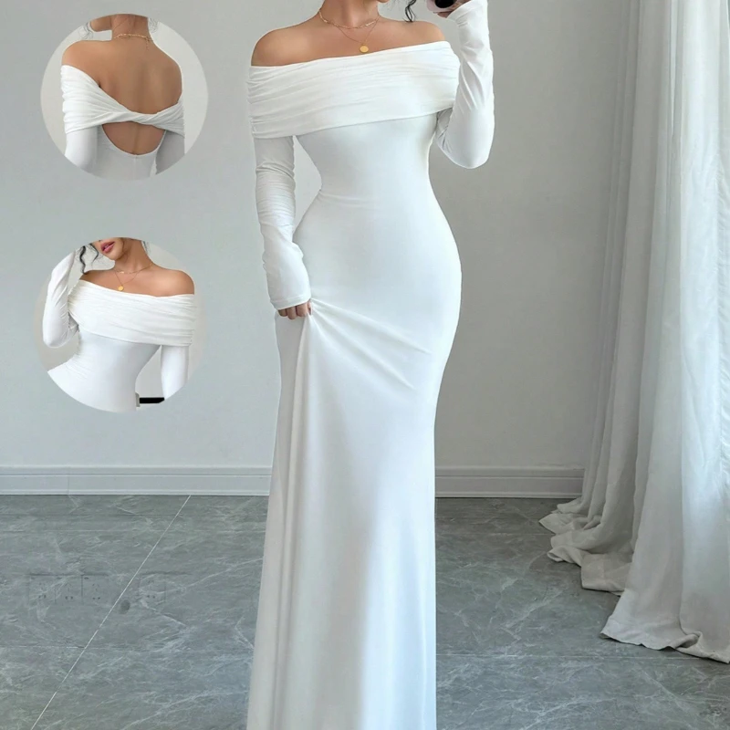 Sukienki damskie, biała suknia ślubna, wiosna-jesień, na jedno ramię, dopasowana, z odkrytymi plecami, seksowna, podkreślająca biodra, eleganckie sukienki damskie, vestidos.