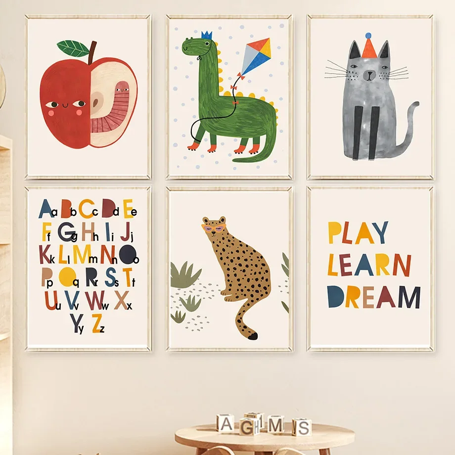 Cute Dinosaur Cat Leopard Apple Nursery Poster Wall Art Diamond Painting Animal Posters And Prints Pictures Baby Kids Room Dec