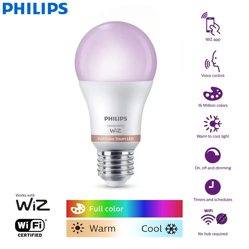 Philips WiZ 8.5W E27 Wi-Fi & Bluetooth LED Smart Bulb 220-240V 16 Million Full Color EyeComfort Light Frosted Dimmable Lamp