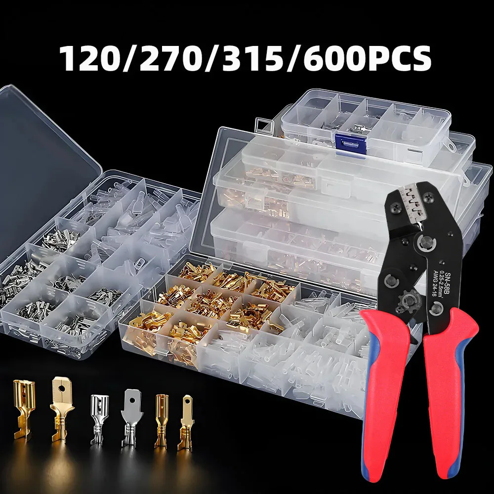 120/600 Stück Stecker-/Buchsen-Flachsteckverbinder 2,8 mm 4,8 mm 6,3 mm Anschlüsse und Isolierhülse SN-58B Draht-Crimpzangen-Set